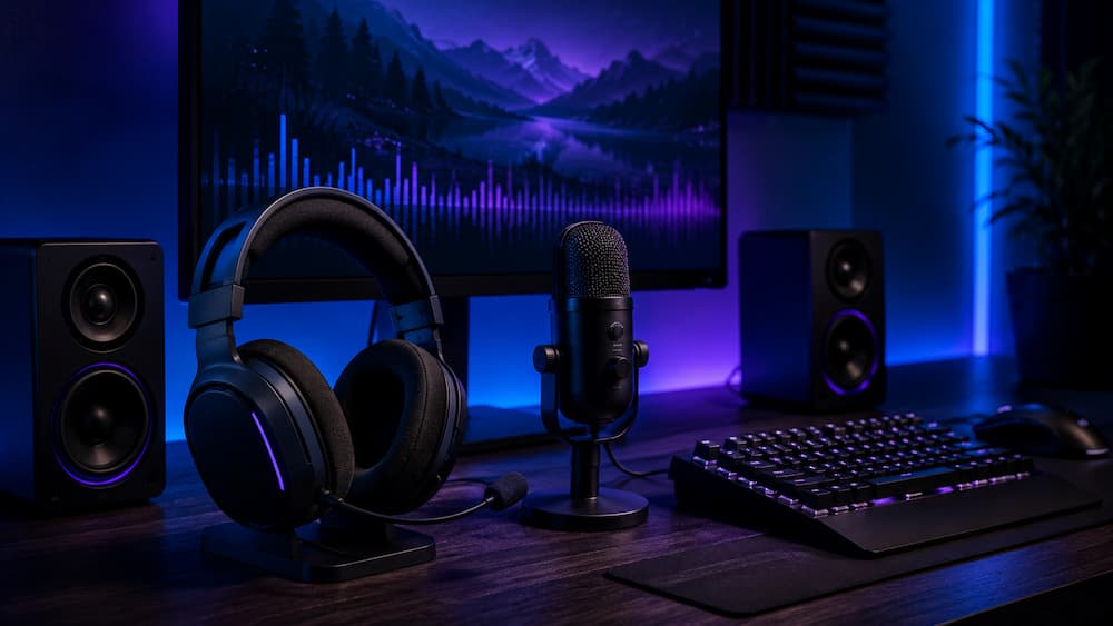 Ilustrație originală pentru articolul Audio pentru gaming fără marketing: căști, boxe, microfon și reglaje utile