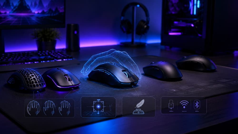 Ilustrație originală pentru articolul Mouse-ul potrivit pentru mâna ta: formă, masă, senzor și conexiune explicate